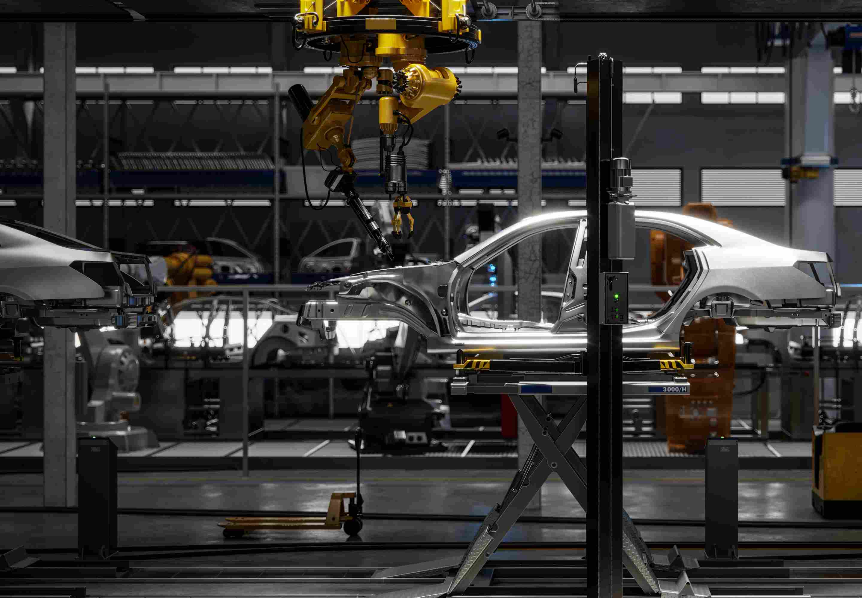 robot building car on assembly line