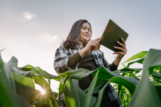 A woman using a device in a field for sustainability