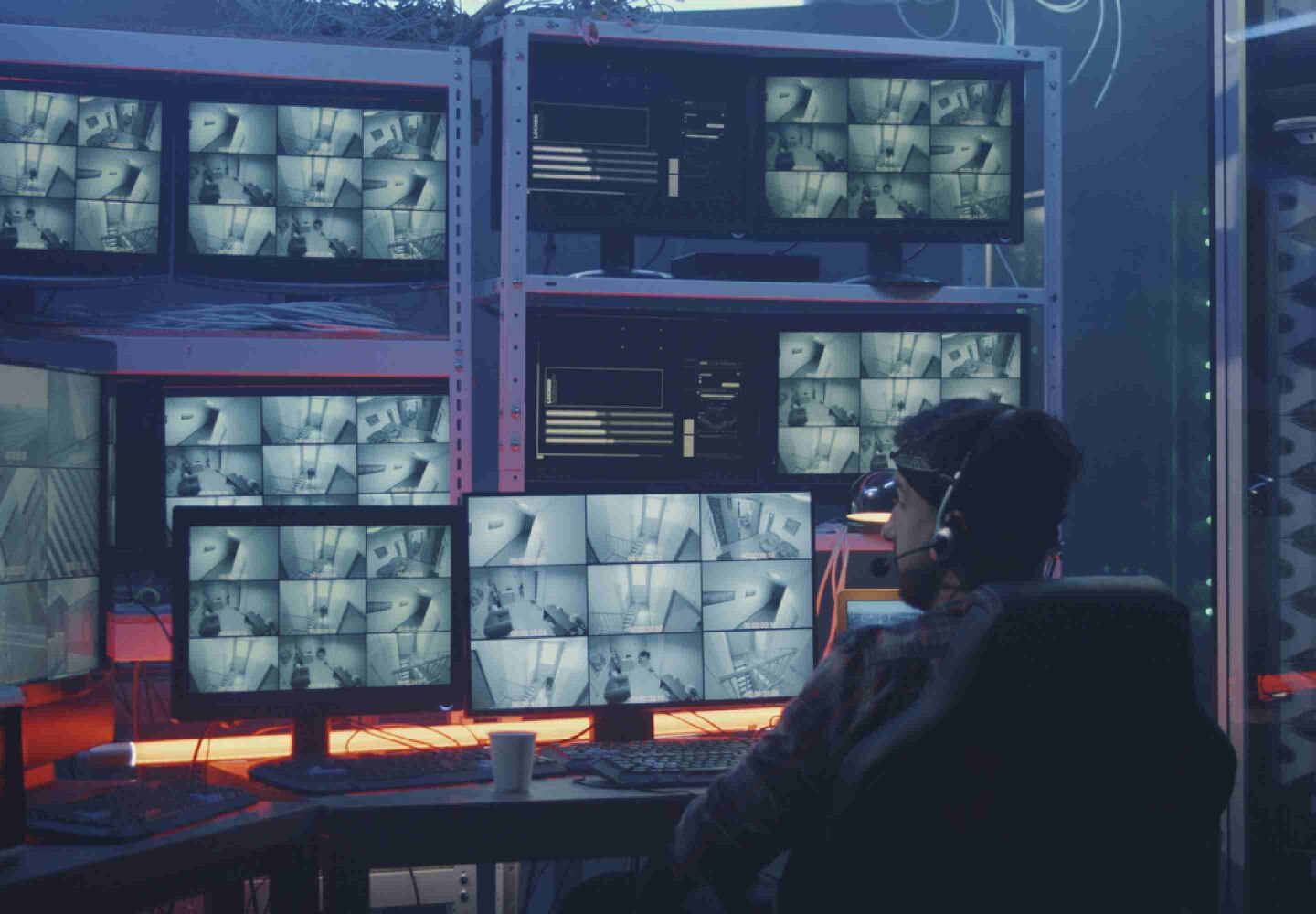 A man with headsets in a room looking at multiple screens
